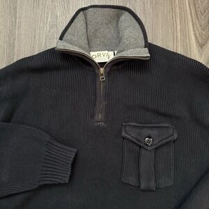 Orvis Sweater Mens Medium Blue Cotton 1/4 Zip Heavy Thick Elbow Patches